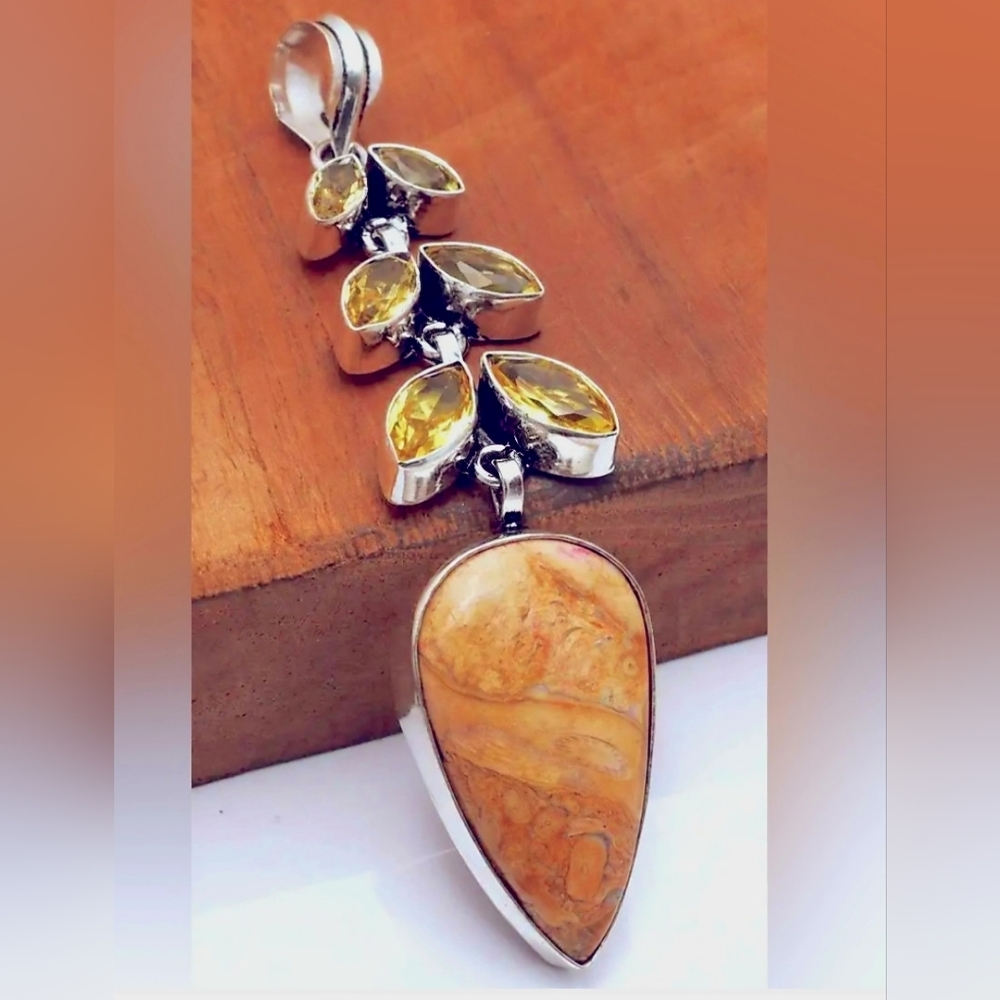 Handmade Sterling Silver 925 Citrine & Natural Stone Statement Pendant 3.52"
